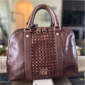 Ted Baker Rare Brown Satchel Genuine Leather w/ Woven Detail Rose Gold Accents